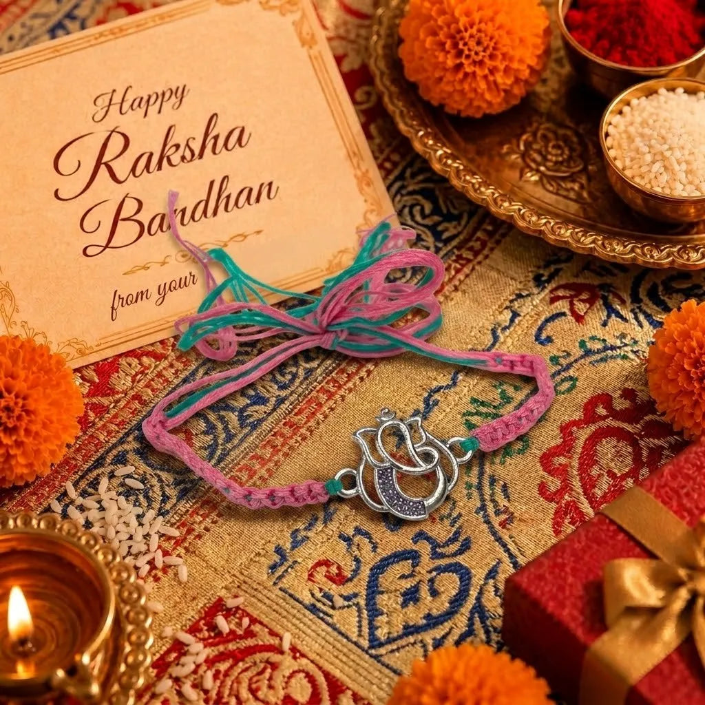 Marvel Silver Designer Ganesh Rakhi with silver-finish Lord Ganesha charm, pink braided thread, and sparkling stone detailing for Raksha Bandhan.