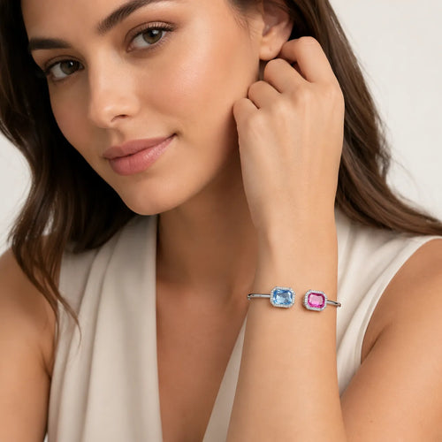 Marvel Silver dual color silver kada for girls with blue and pink rectangular stones