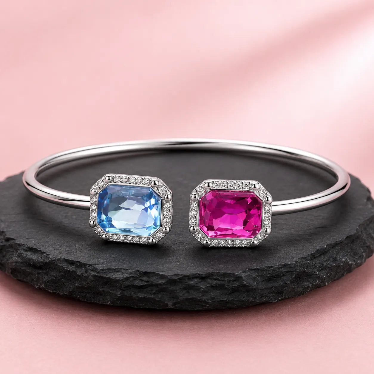 Marvel Silver dual color silver kada for girls with blue and pink rectangular stones