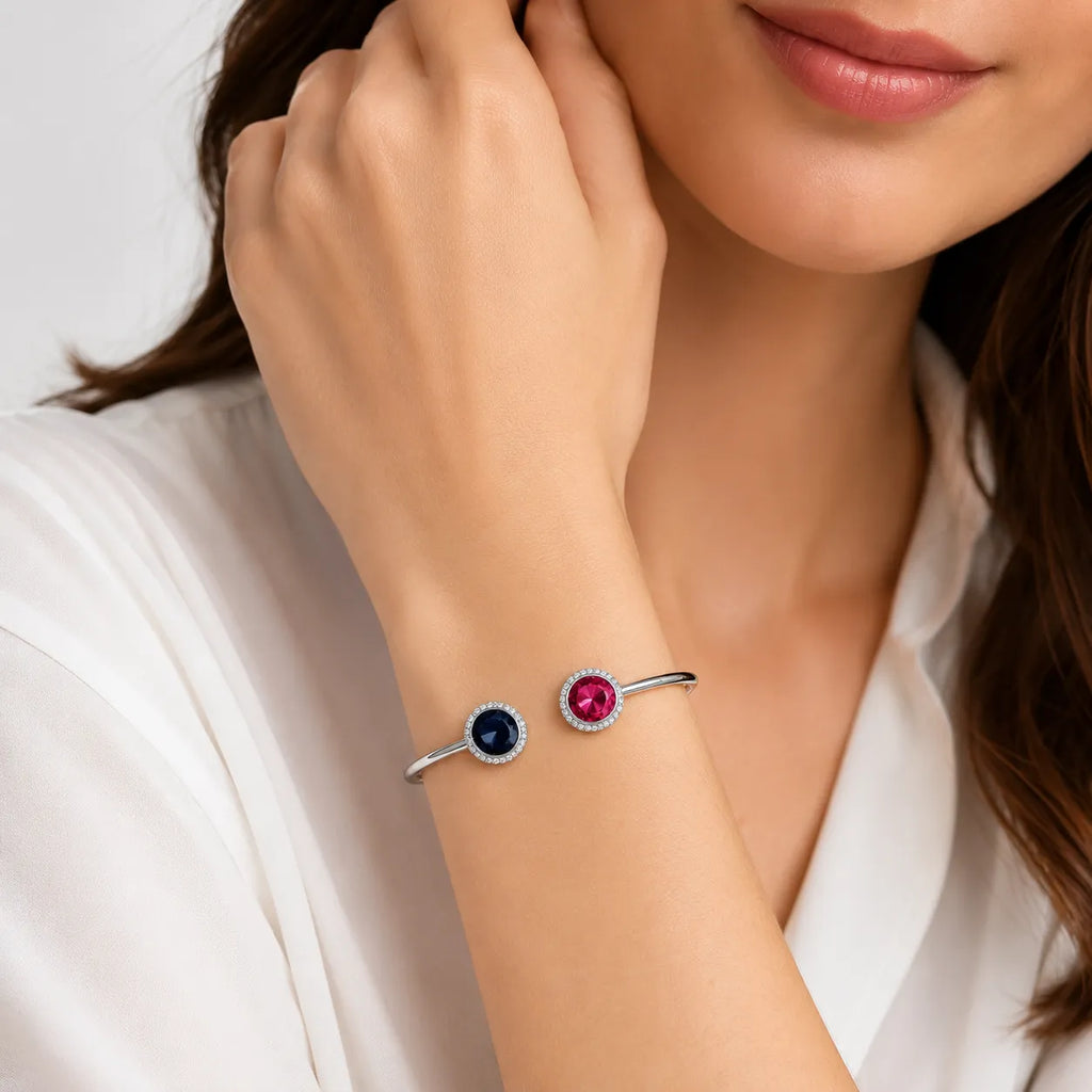 Marvel Silver dual stone silver kada for girls with blue and pink round stones