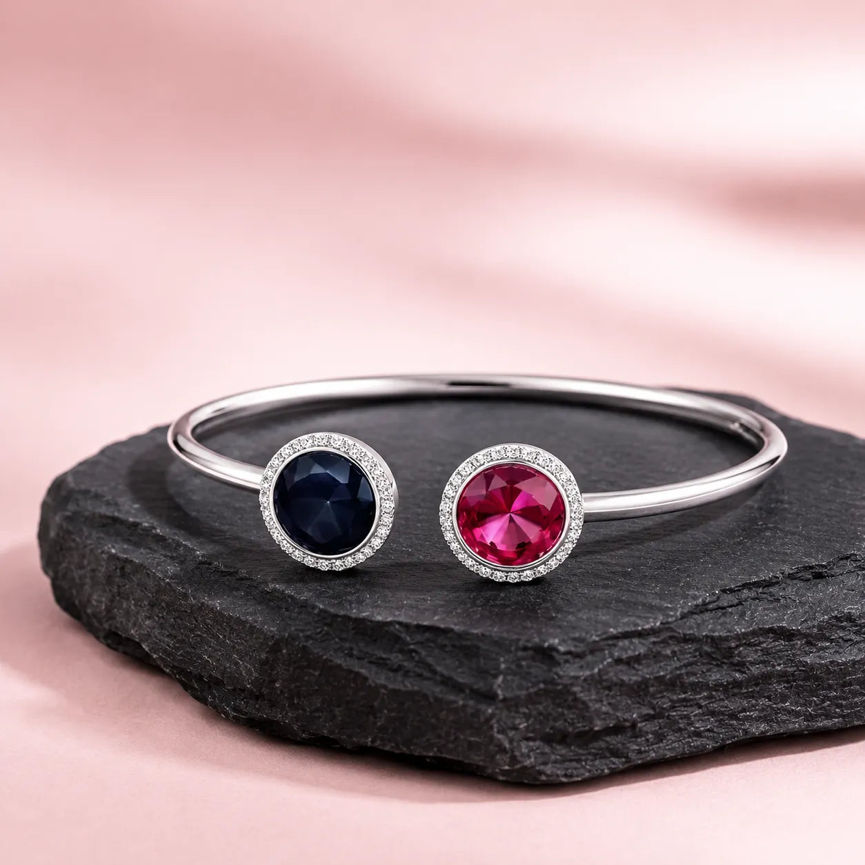 Marvel Silver dual stone silver kada for girls with blue and pink round stones