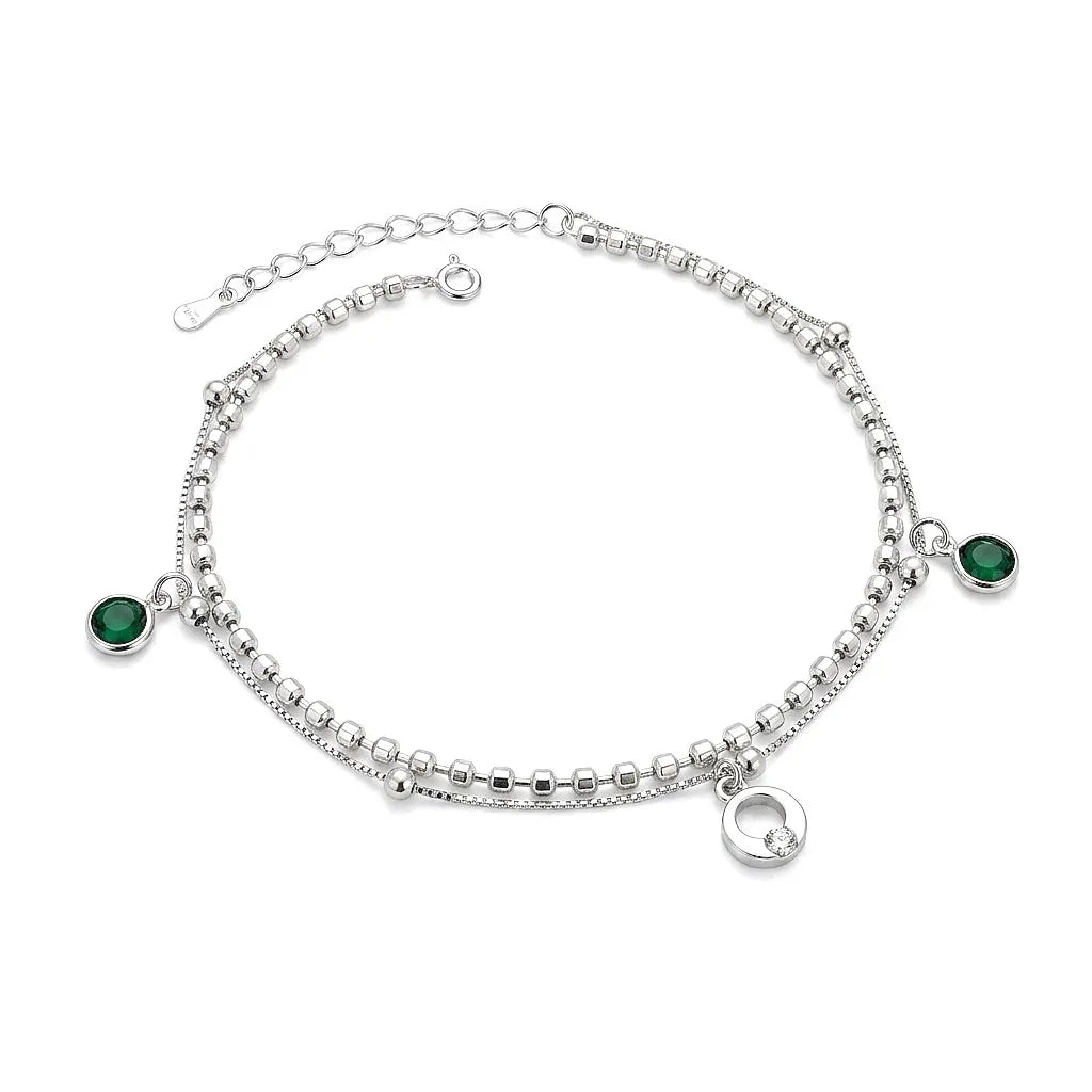 Marvel Silver Emerald Charm Anklet with green crystal charms, silver double chain, and adjustable clasp for women and girls.