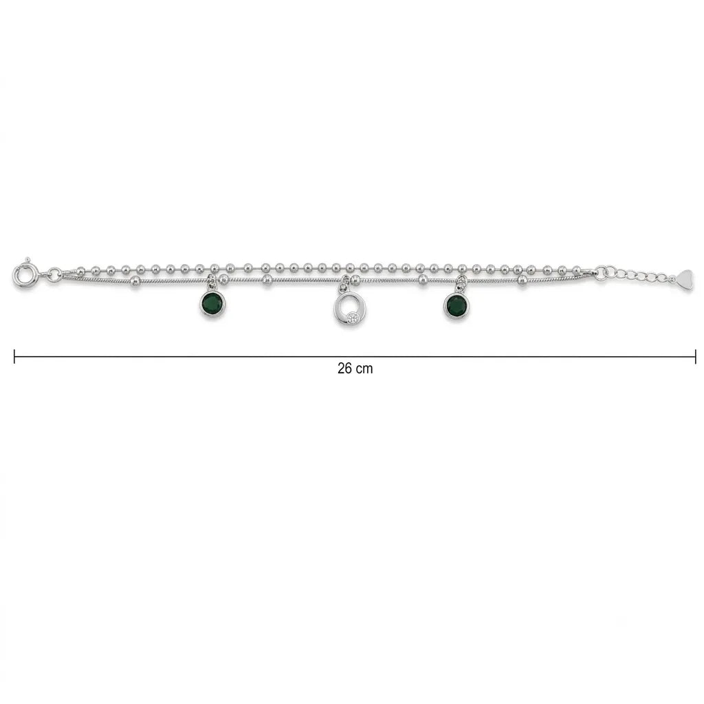 Marvel Silver Emerald Charm Anklet with green crystal charms, silver double chain, and adjustable clasp for women and girls.