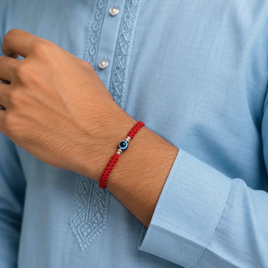 Marvel Silver red braided evil eye rakhi for brother with blue eye bead and silver-tone spacers