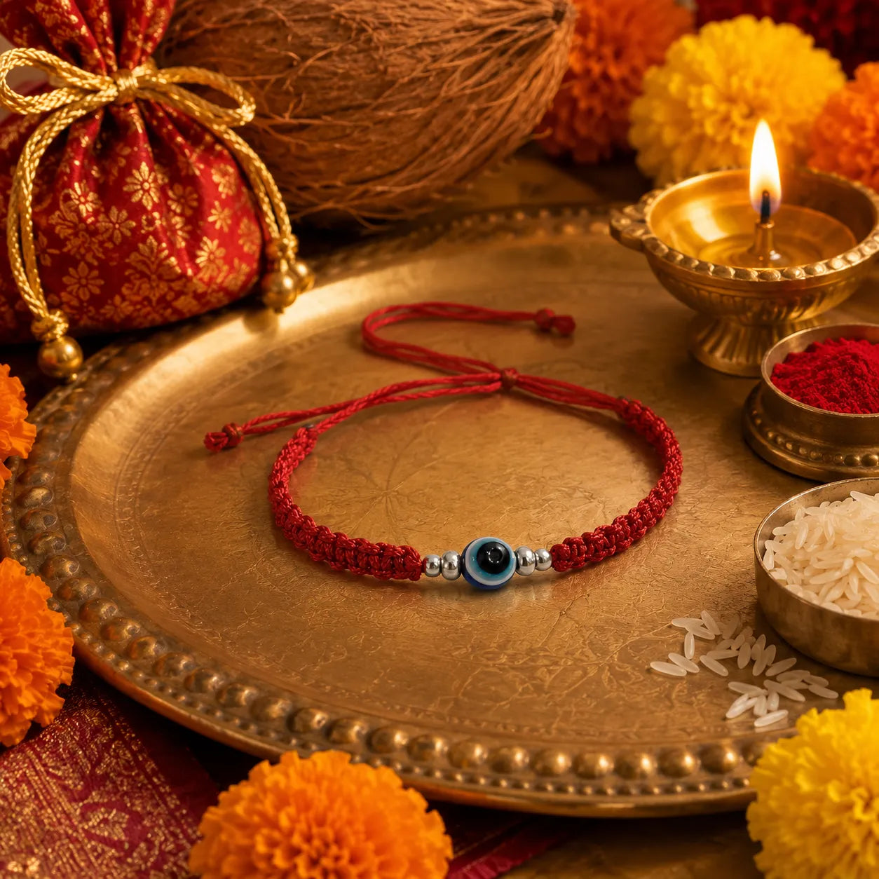 Marvel Silver red braided evil eye rakhi for brother with blue eye bead and silver-tone spacers