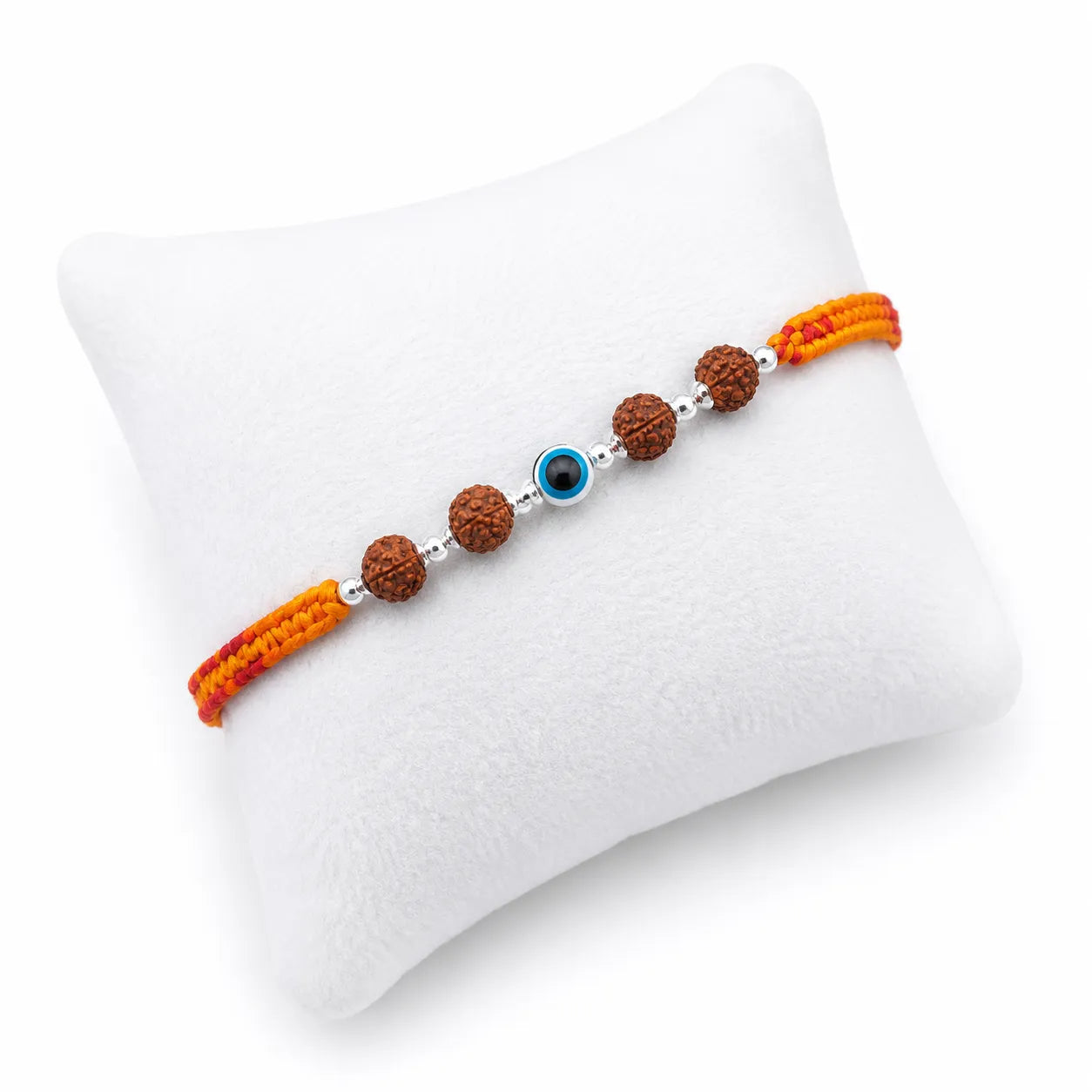Marvel Silver Evil Eye Rudraksha Rakhi with polished silver beads on a saffron and red braided thread