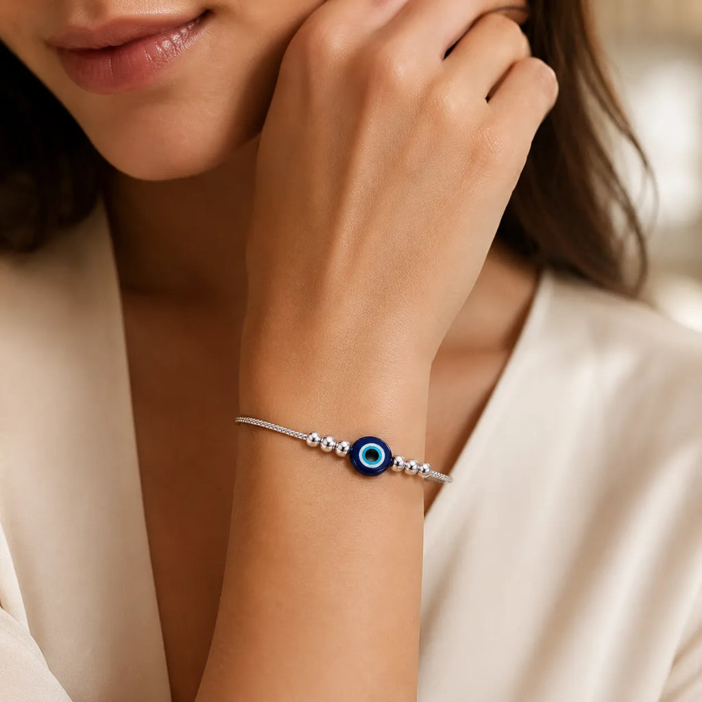 Marvel Silver evil eye silver bracelet for women with blue Nazaria charm and silver beads