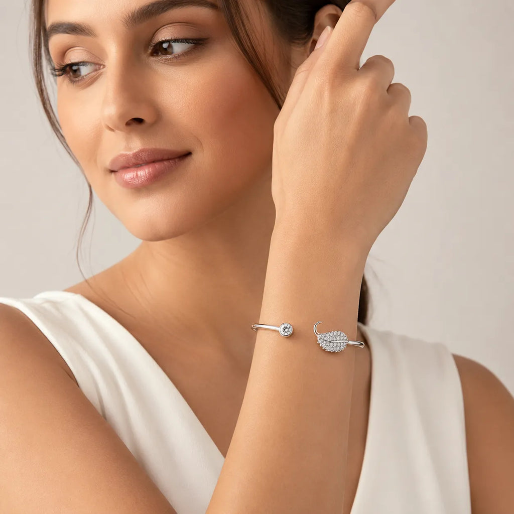 Marvel Silver feather design silver kada for girls with sparkling white stones