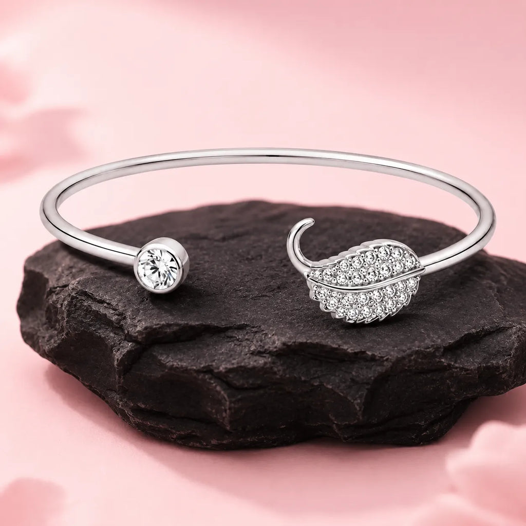Marvel Silver feather design silver kada for girls with sparkling white stones