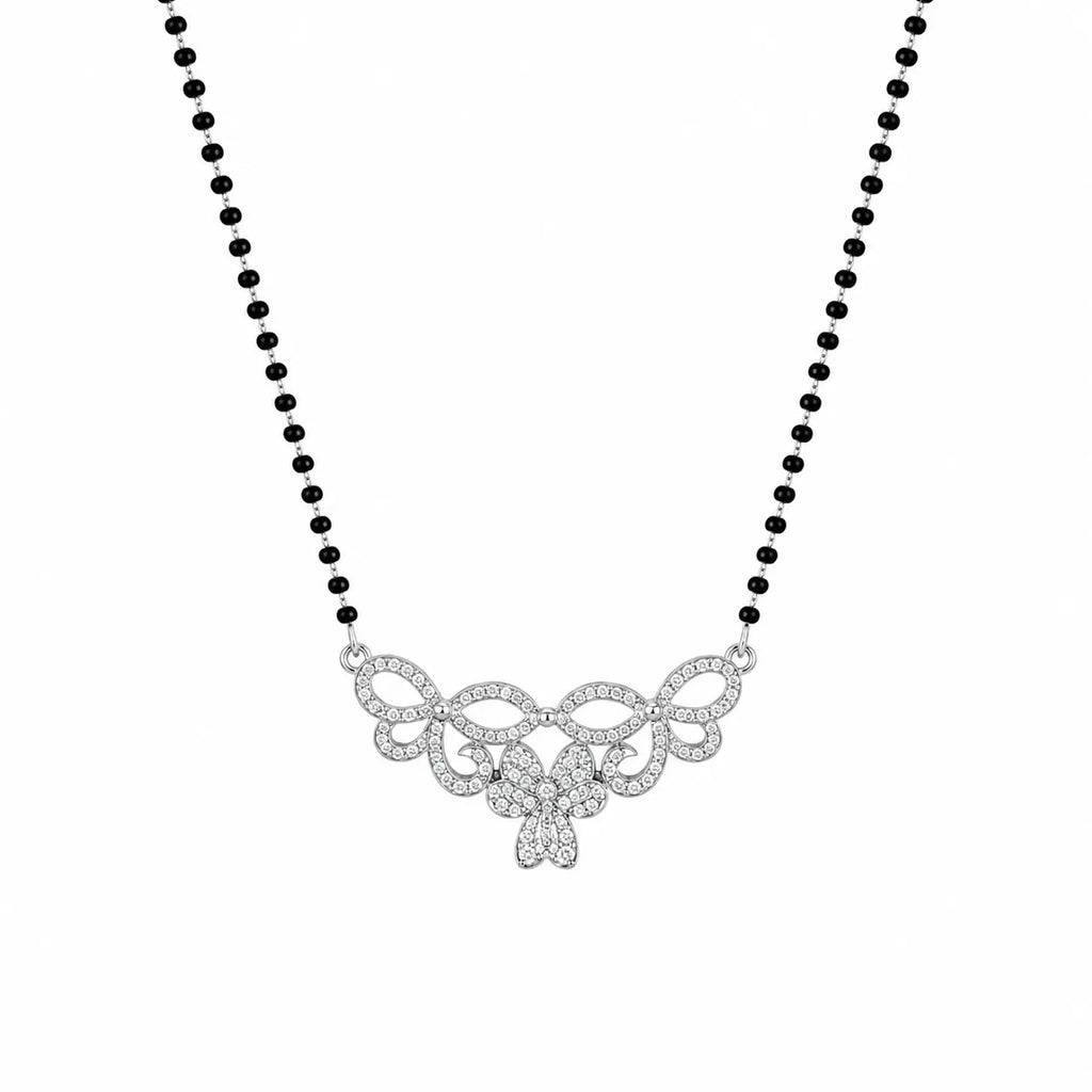 Marvel Silver floral butterfly black beads mangalsutra for women with 4.7 cm pendant