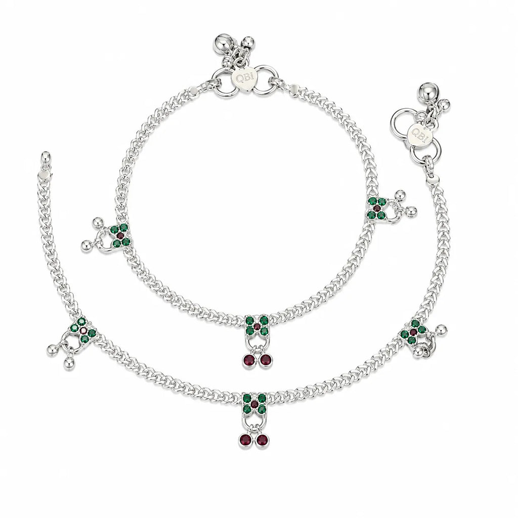 Marvel Silver Baby Payal Green Red Stones