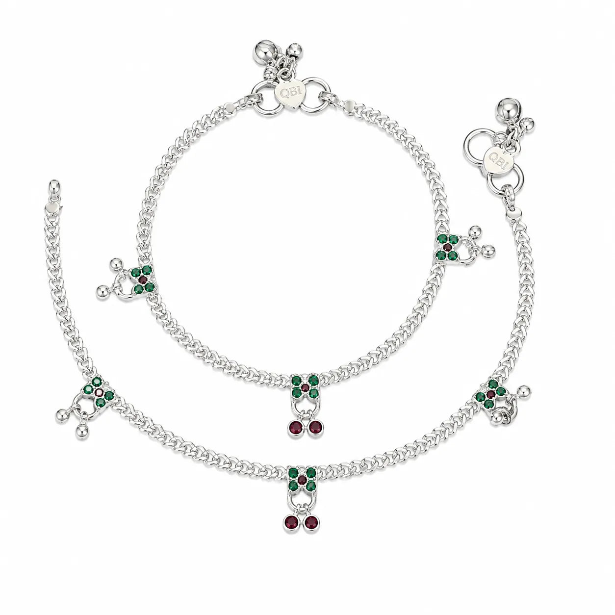 Marvel Silver Baby Payal Green Red Stones