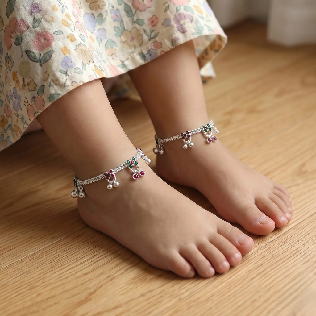 Marvel Silver Baby Payal Green Red Stones