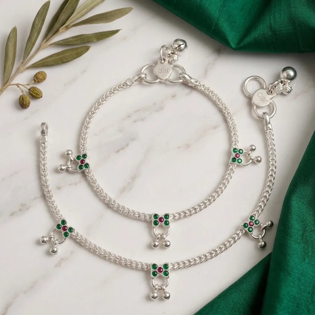 Marvel Silver Baby Payal Green Red Stones