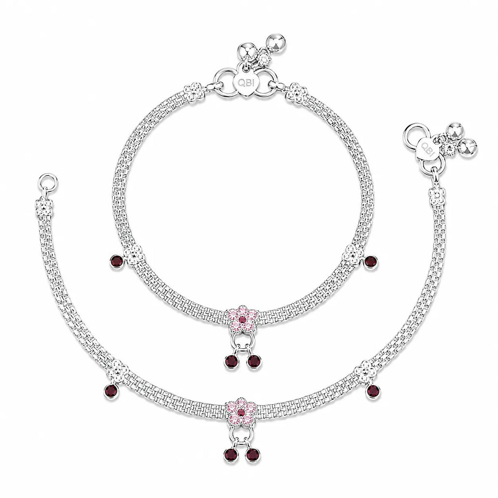 Marvel Silver Floral Baby Payal with Red Stones