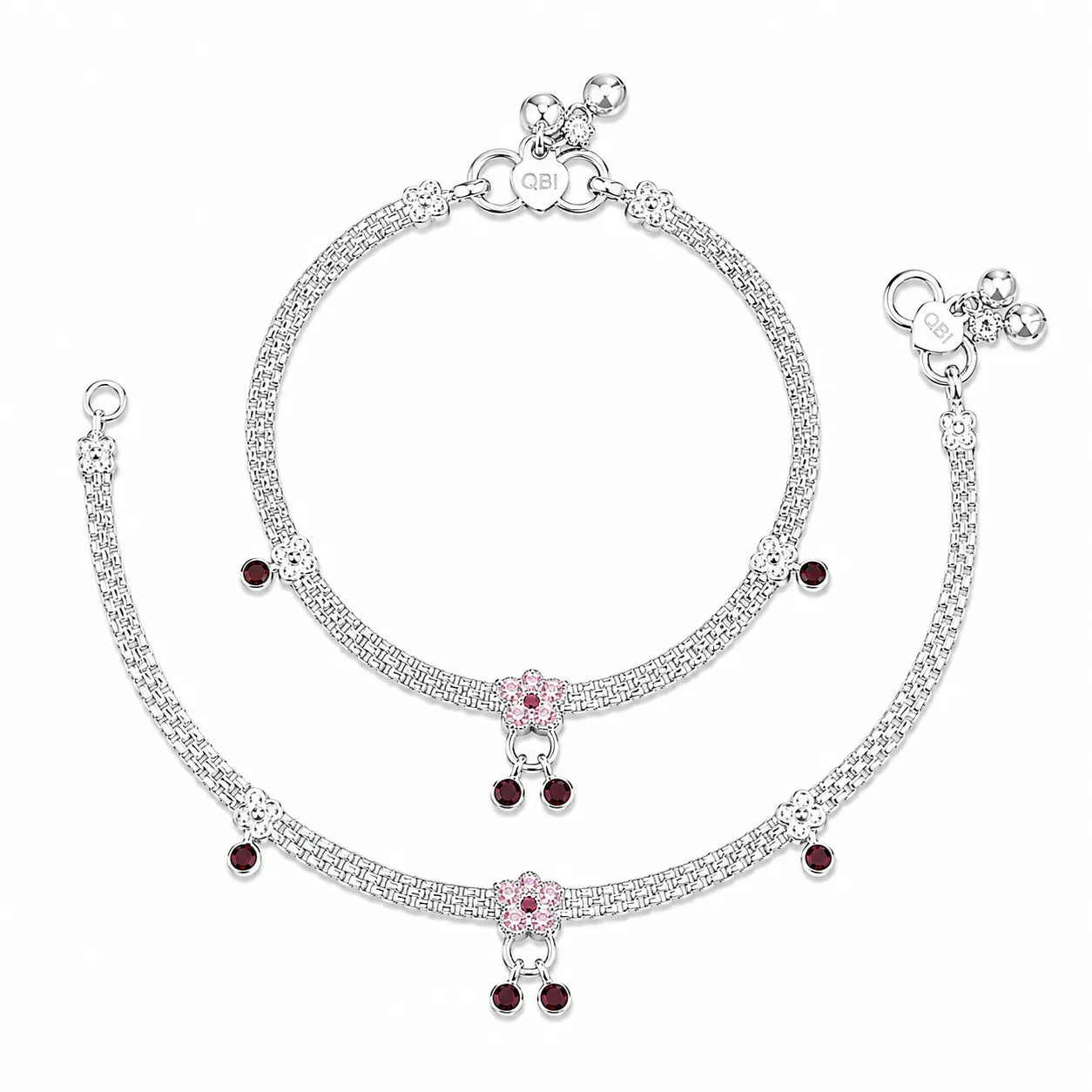 Marvel Silver Floral Baby Payal with Red Stones