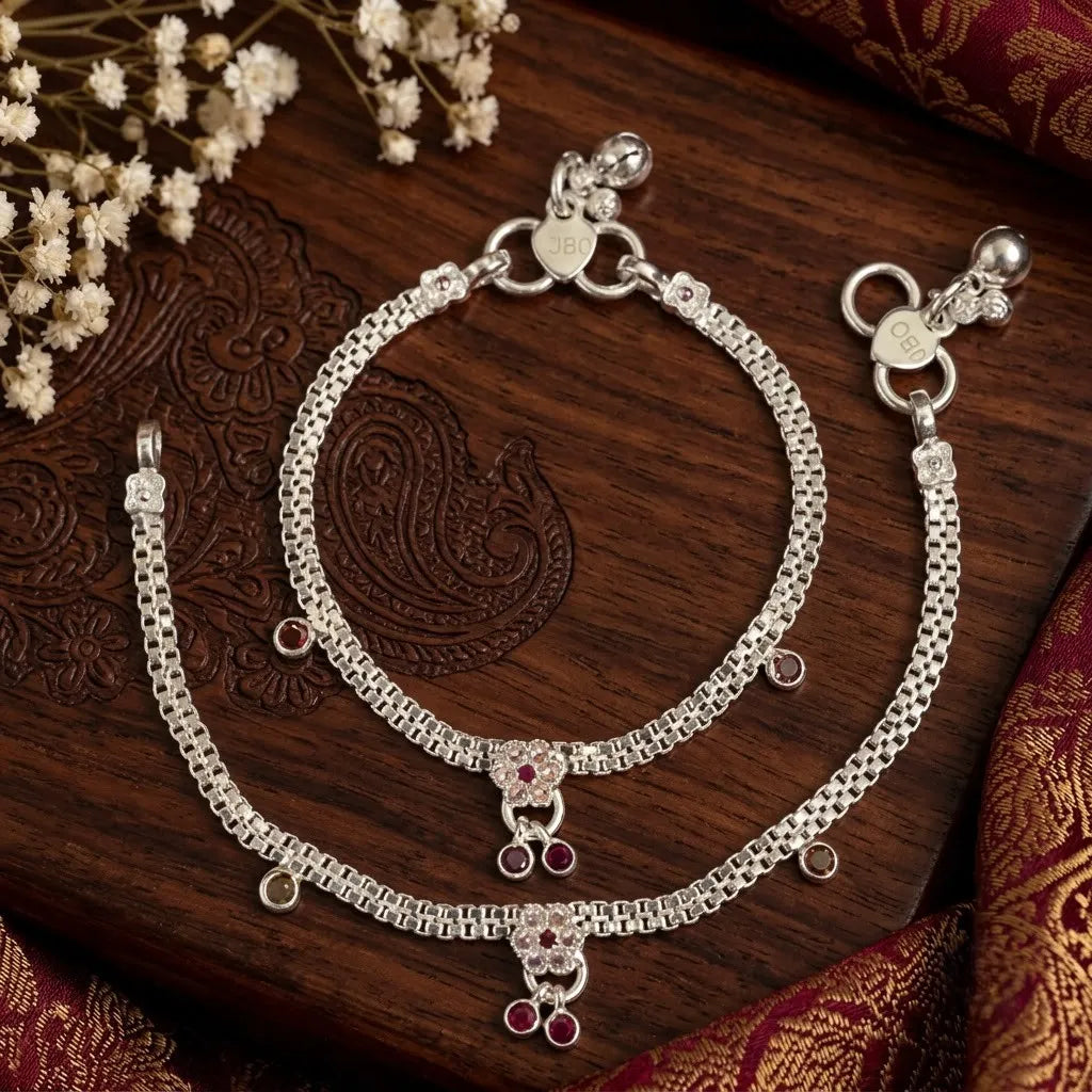 Marvel Silver Floral Baby Payal with Red Stones