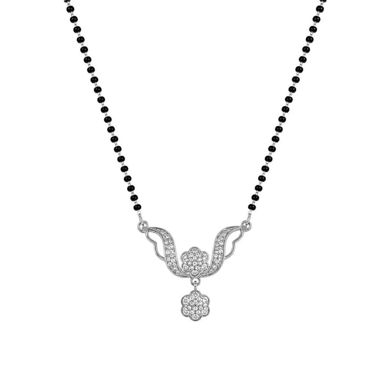 Marvel Silver floral black beads mangalsutra for women with 4 cm pendant