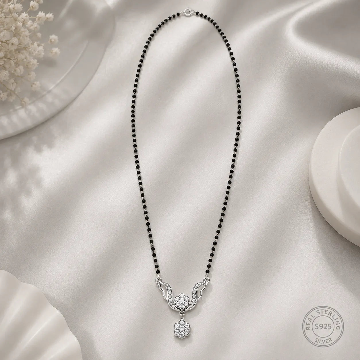 Marvel Silver floral black beads mangalsutra for women with 4 cm pendant