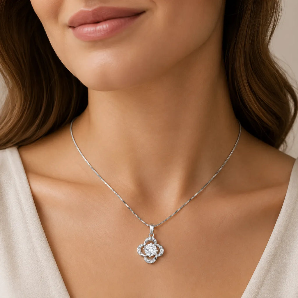 Marvel Silver flower design silver chain pendant for girls with white stone detailing