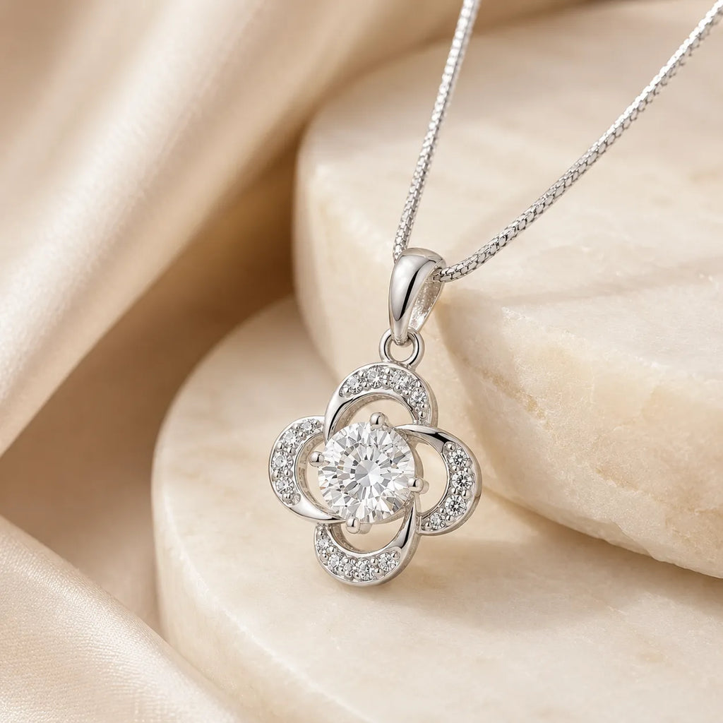 Marvel Silver flower design silver chain pendant for girls with white stone detailing