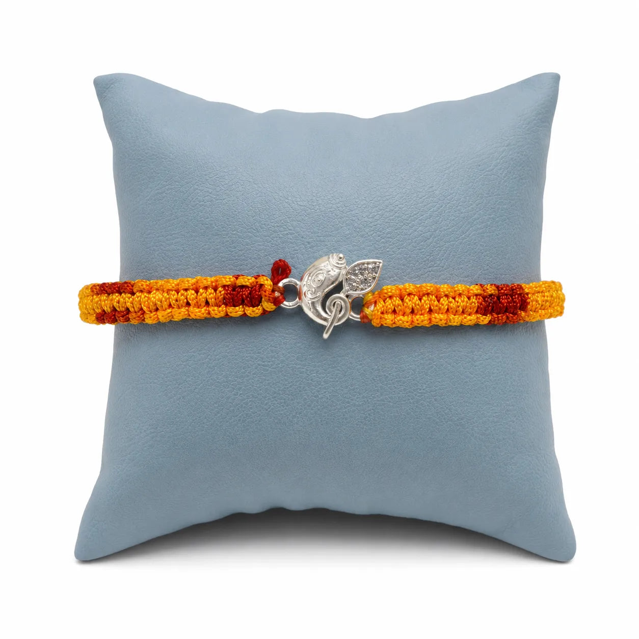 Marvel Silver Ganesh design rakhi with yellow and red braided thread for brother