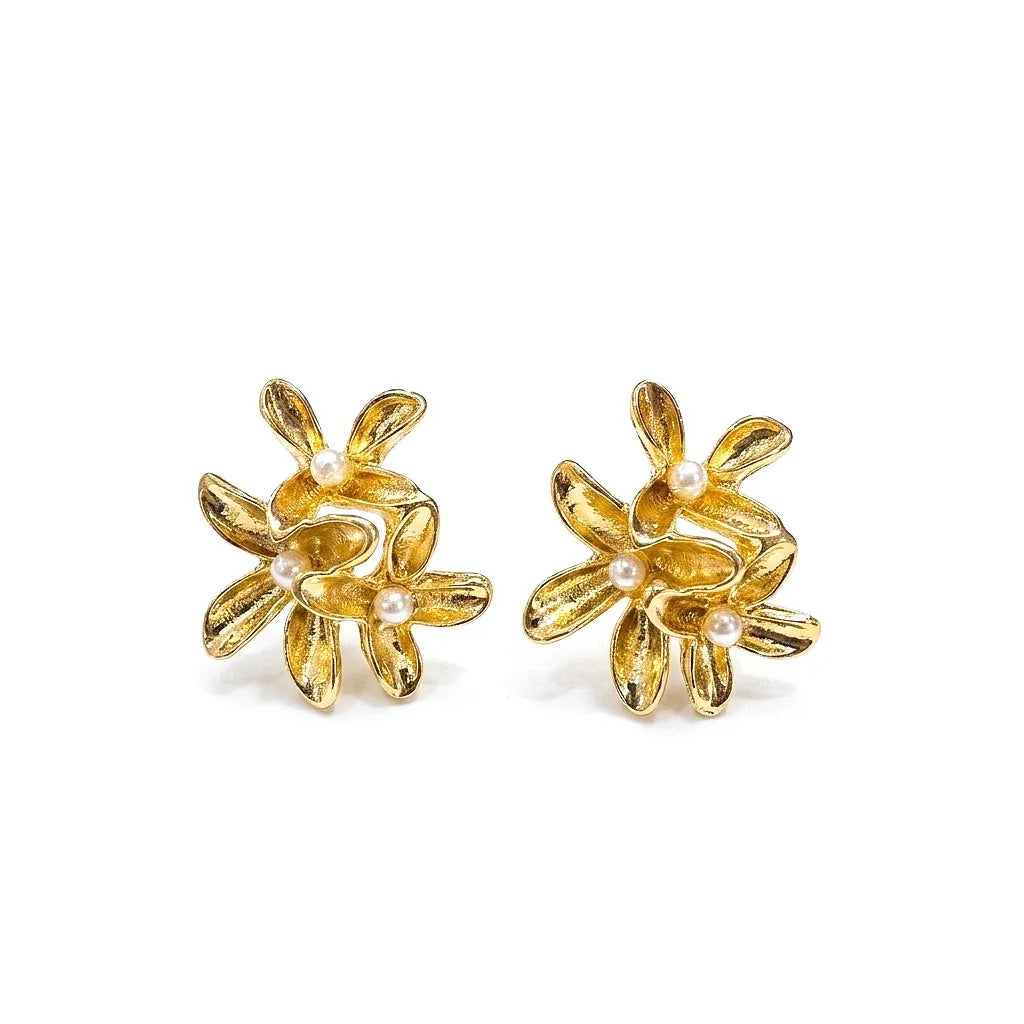 Marvel Silver gold floral imitation stud earrings with elegant pearl accents and premium gold-plated finish for women.