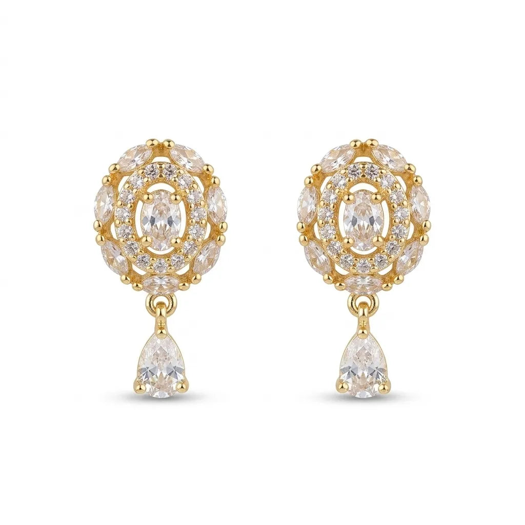 Marvel Silver gold plated oval CZ drop imitation earrings with sparkling cubic zirconia stones and elegant teardrop dangle for women.