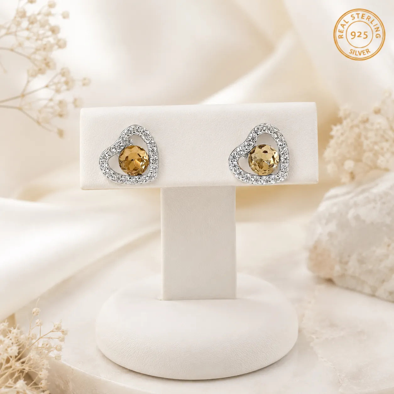 Marvel Silver golden stone heart design earrings for women with crystal detailing