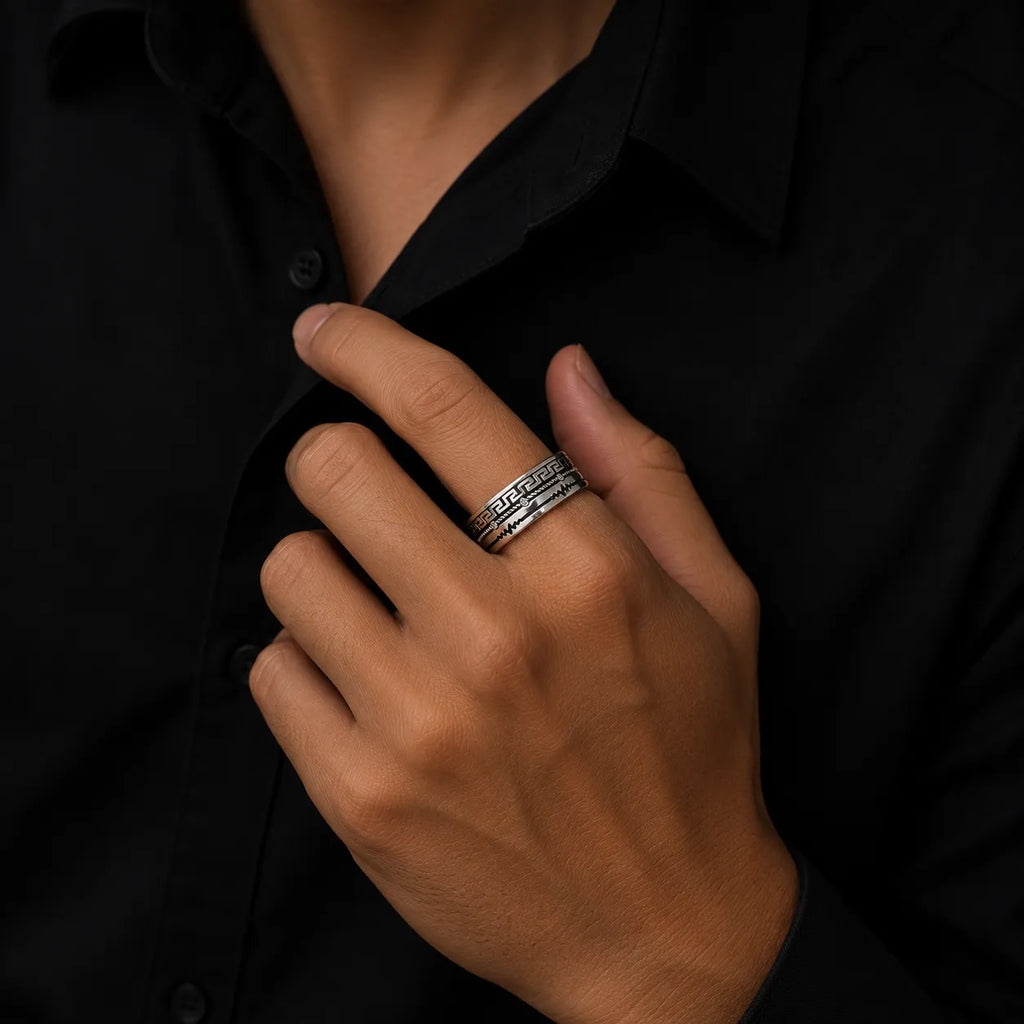 Marvel Silver Greek key and lightning pattern silver band ring for men with 2.4 cm size