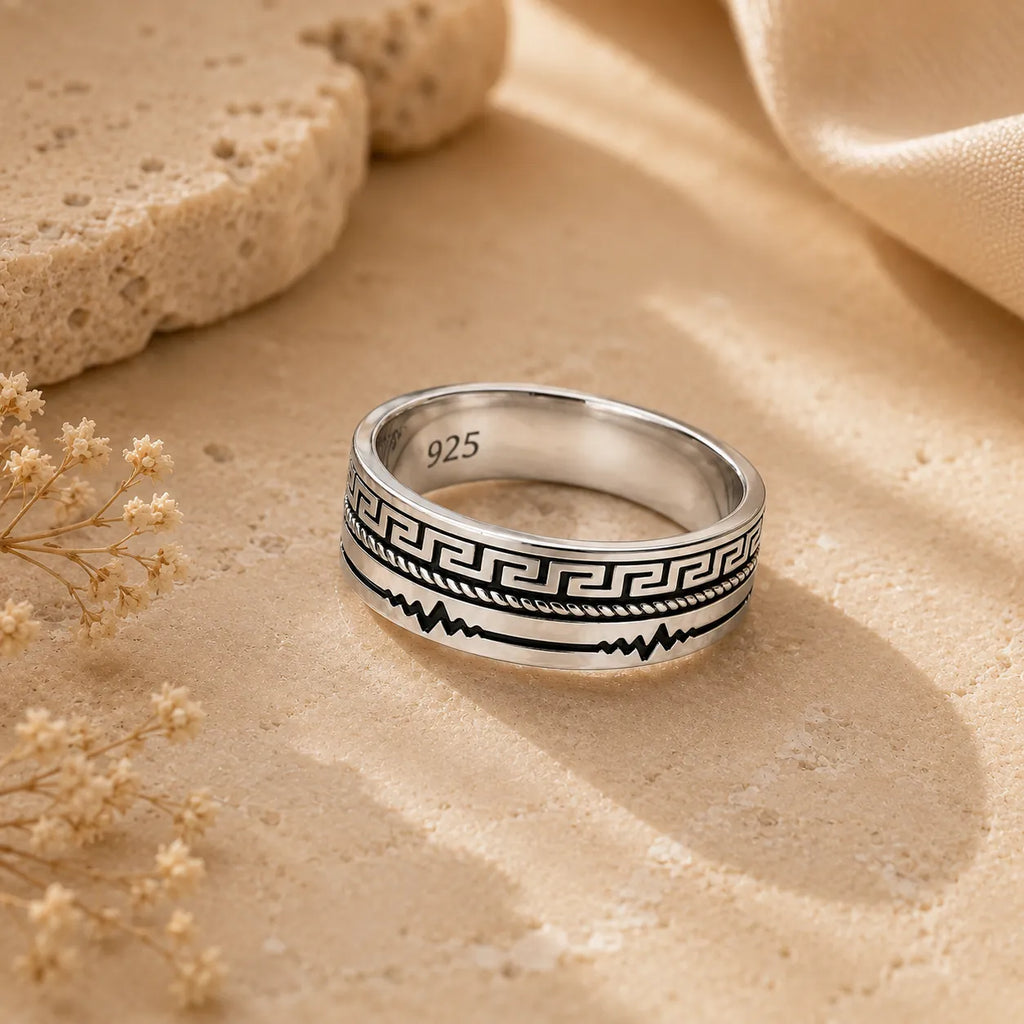 Marvel Silver Greek key and lightning pattern silver band ring for men with 2.4 cm size