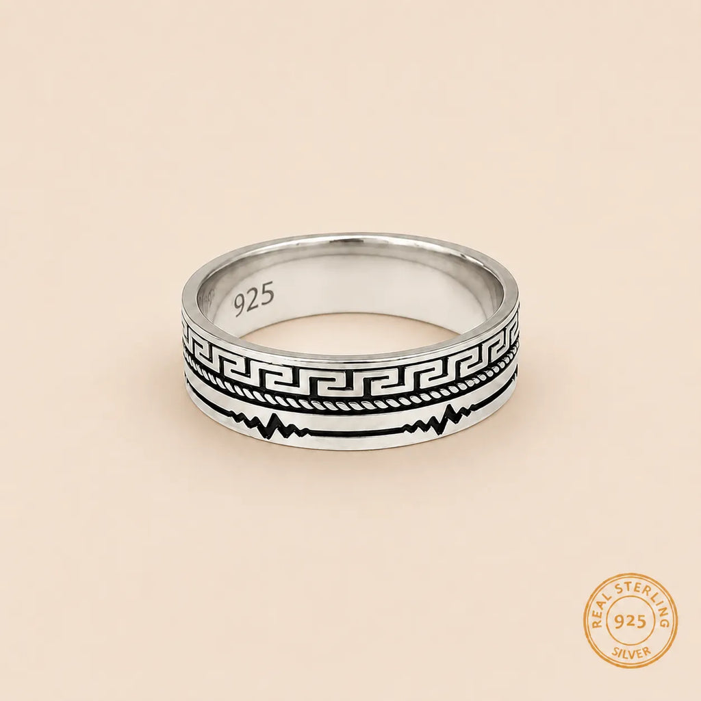 Marvel Silver Greek key and lightning pattern silver band ring for men with 2.4 cm size