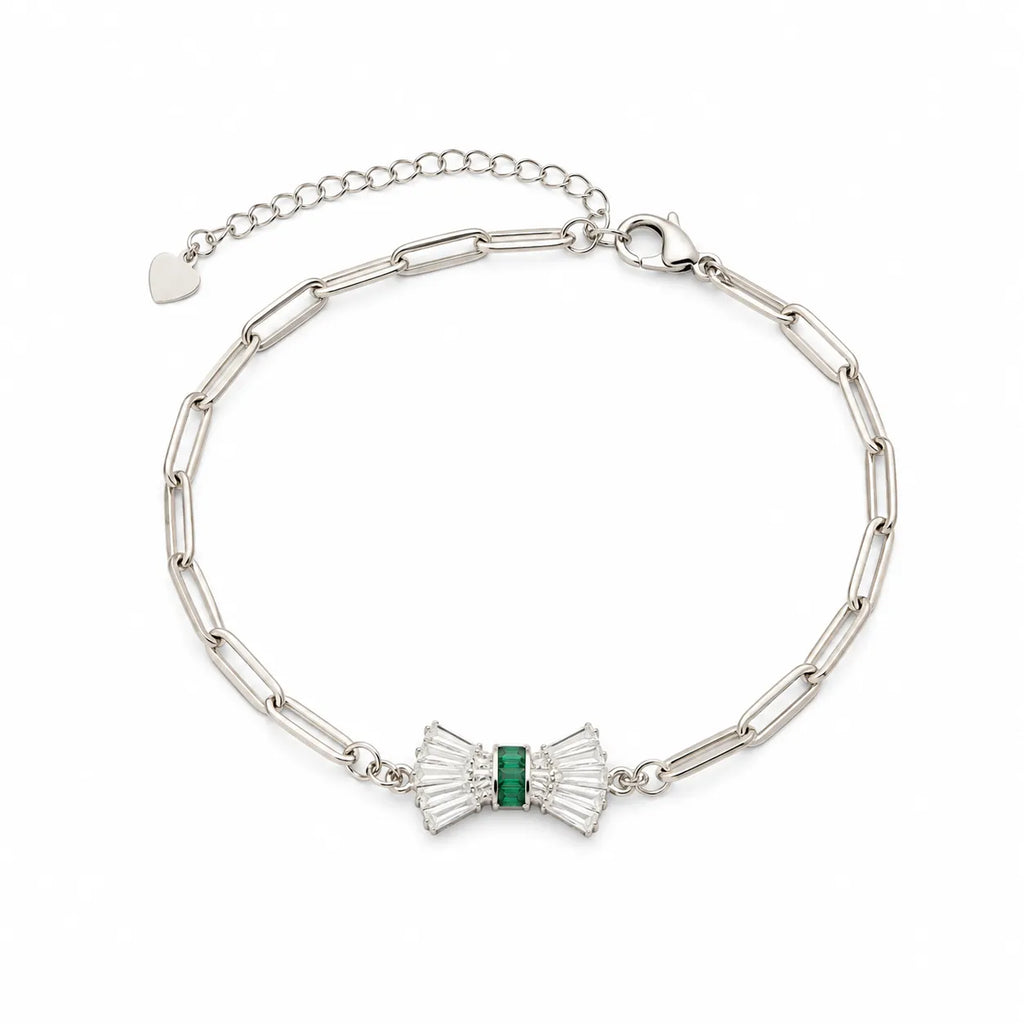 Marvel Silver green bow design silver bracelet for women with sparkling white stones