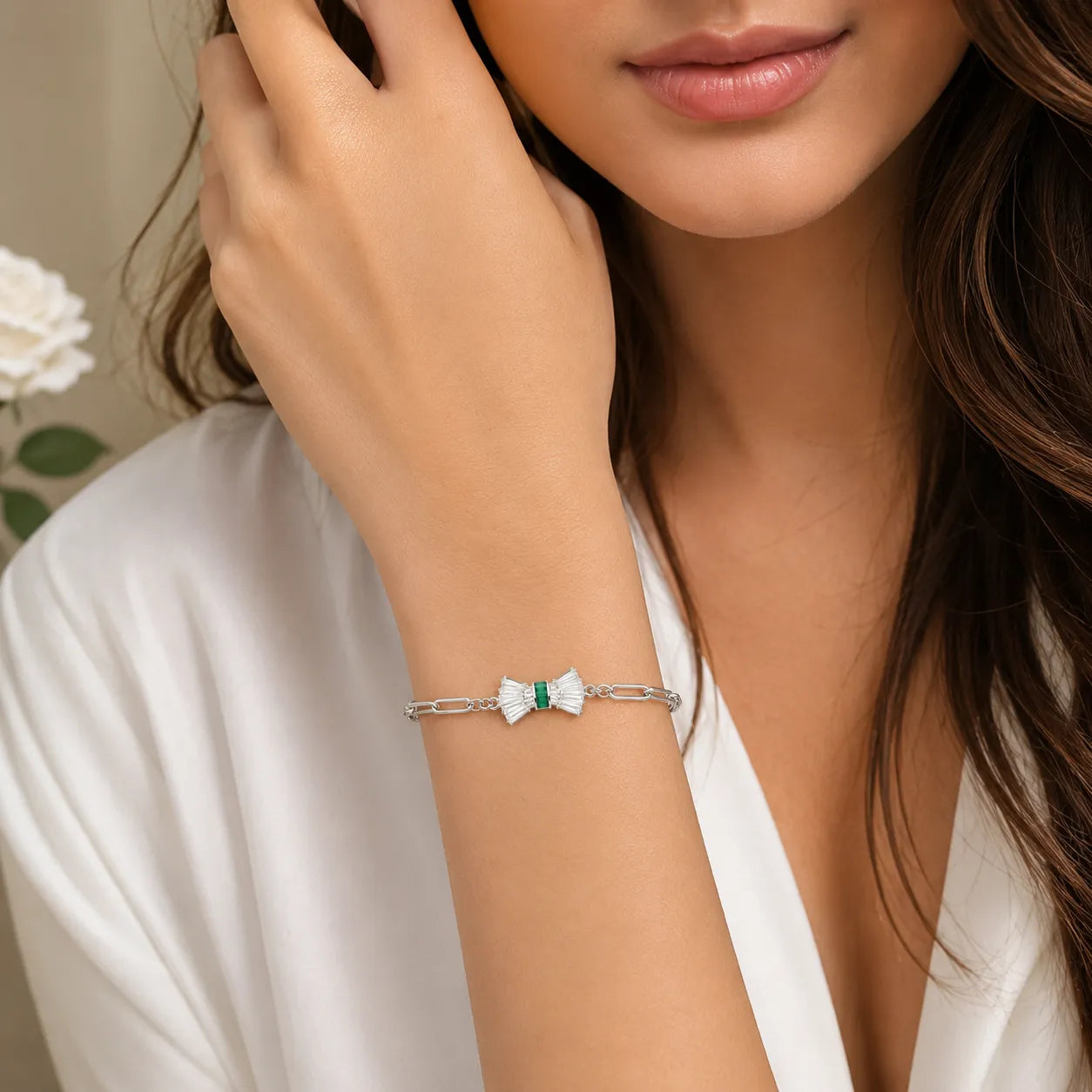 Marvel Silver green bow design silver bracelet for women with sparkling white stones