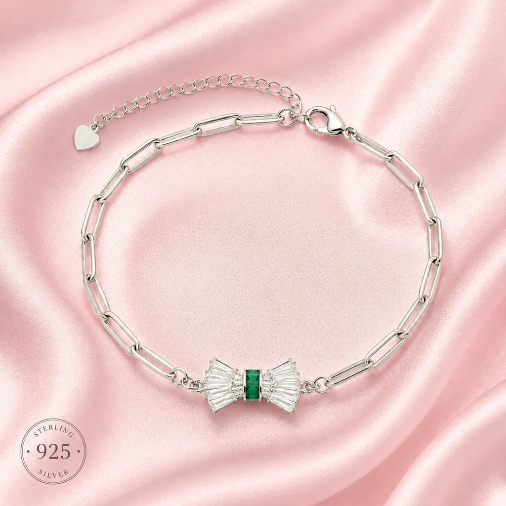 Marvel Silver green bow design silver bracelet for women with sparkling white stones