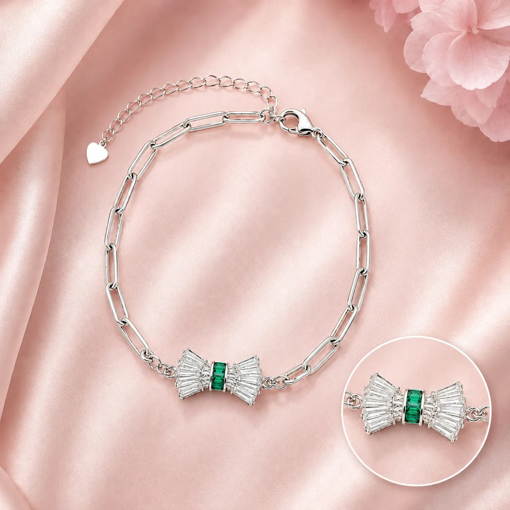 Marvel Silver green bow design silver bracelet for women with sparkling white stones