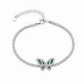 Marvel Silver 925 sterling silver tennis bracelet featuring a sparkling butterfly charm with green and white Cubic Zirconia stones, adjustable chain, elegant silver finish, designed for women and girls, perfect for daily wear, parties, weddings, festive occasions, and gifting.