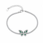 Marvel Silver 925 sterling silver tennis bracelet featuring a sparkling butterfly charm with green and white Cubic Zirconia stones, adjustable chain, elegant silver finish, designed for women and girls, perfect for daily wear, parties, weddings, festive occasions, and gifting.