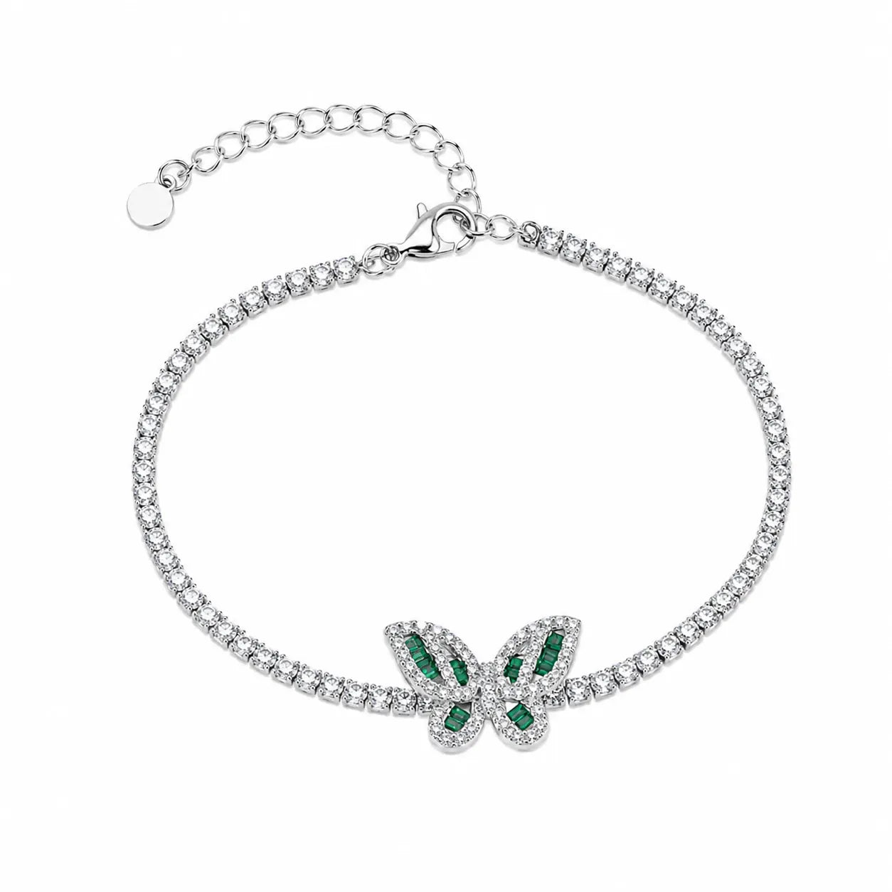Marvel Silver 925 sterling silver tennis bracelet featuring a sparkling butterfly charm with green and white Cubic Zirconia stones, adjustable chain, elegant silver finish, designed for women and girls, perfect for daily wear, parties, weddings, festive occasions, and gifting.