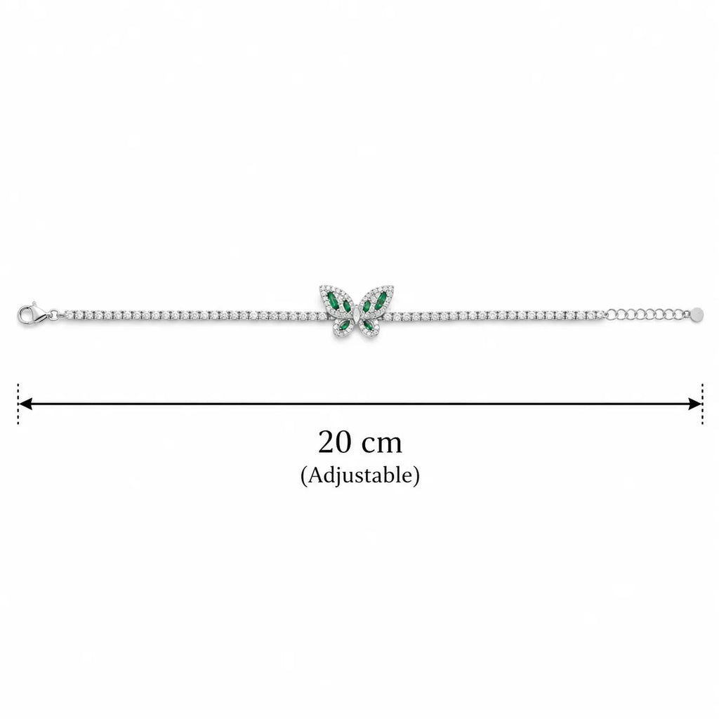 Marvel Silver 925 sterling silver tennis bracelet featuring a sparkling butterfly charm with green and white Cubic Zirconia stones, adjustable chain, elegant silver finish, designed for women and girls, perfect for daily wear, parties, weddings, festive occasions, and gifting.