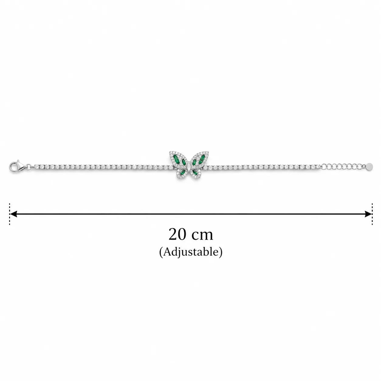 Marvel Silver 925 sterling silver tennis bracelet featuring a sparkling butterfly charm with green and white Cubic Zirconia stones, adjustable chain, elegant silver finish, designed for women and girls, perfect for daily wear, parties, weddings, festive occasions, and gifting.
