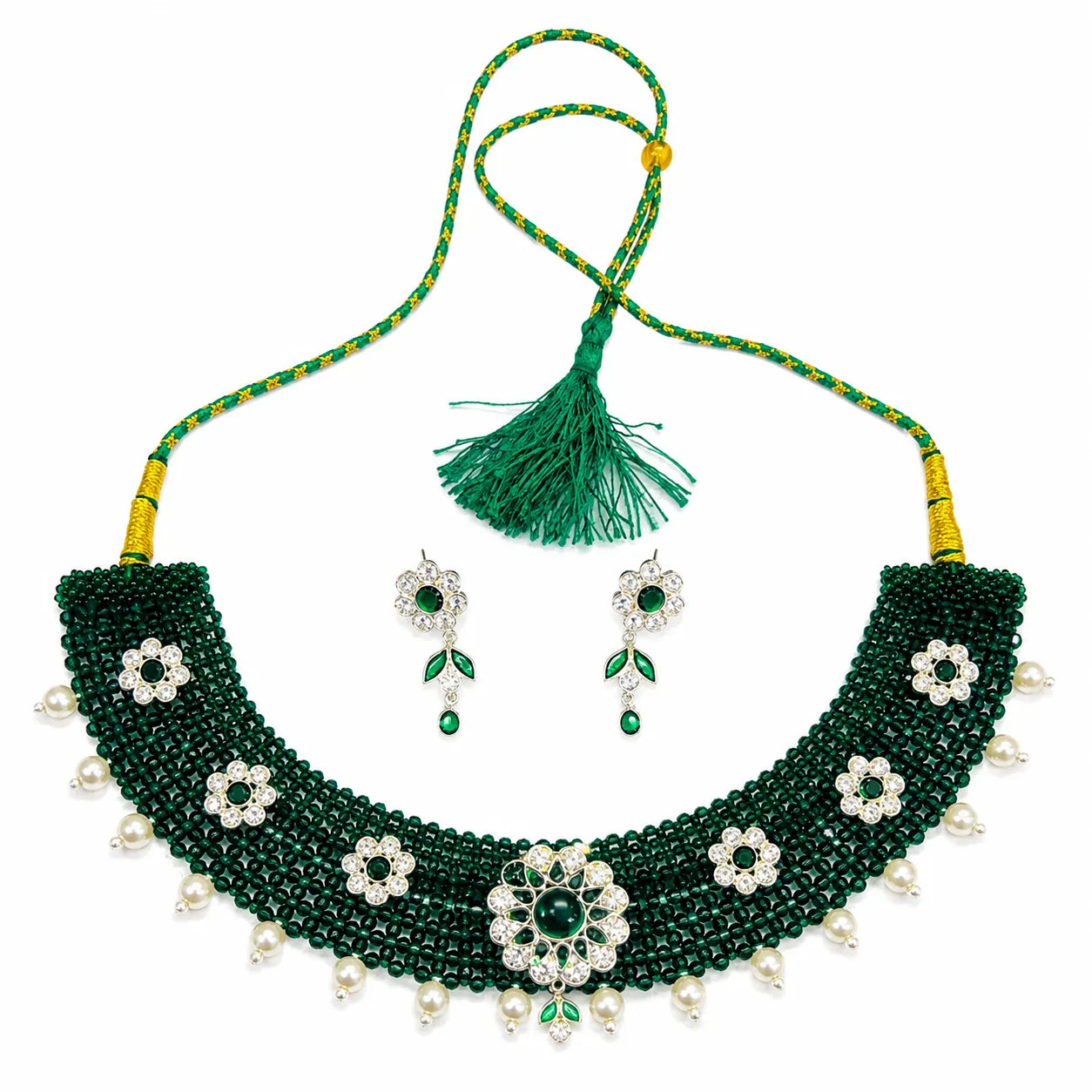 Marvel Silver green beaded choker necklace set with earrings and pearl drops for women