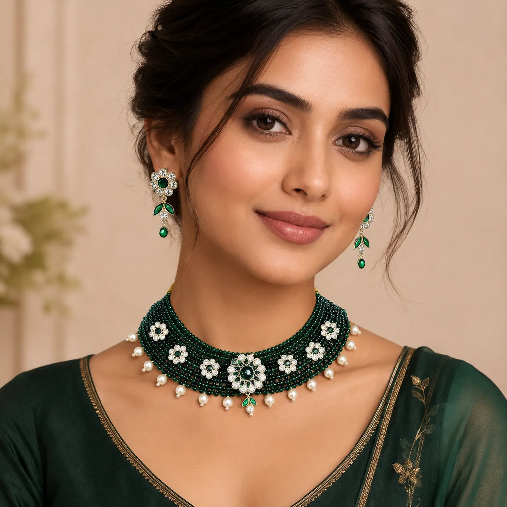 Marvel Silver green beaded choker necklace set with earrings and pearl drops for women