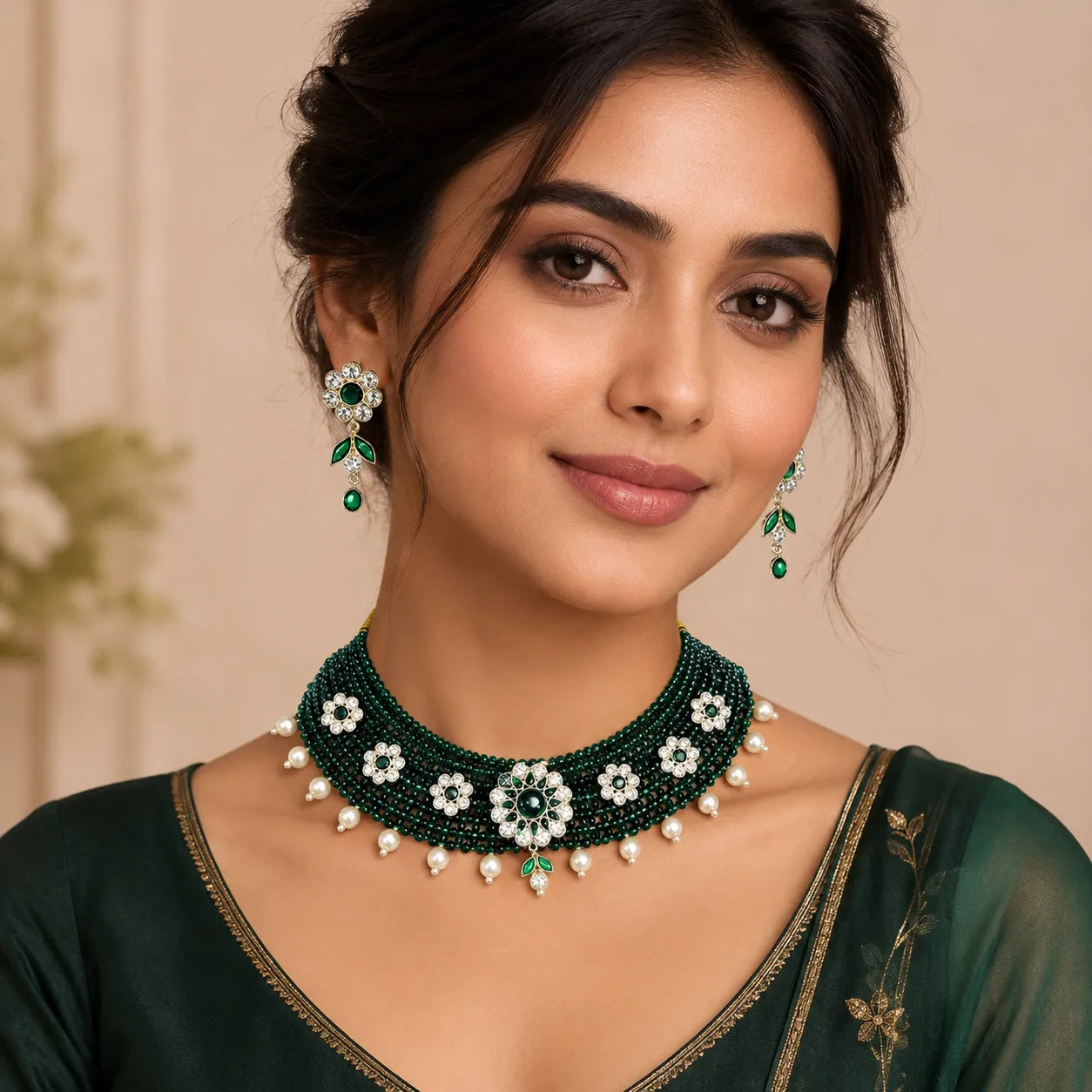 Marvel Silver green beaded choker necklace set with earrings and pearl drops for women