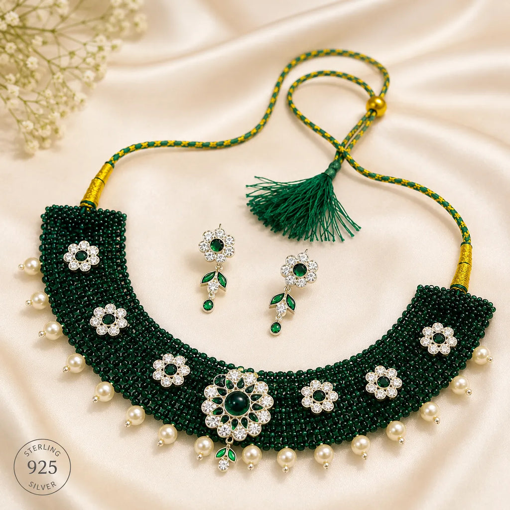 Marvel Silver green beaded choker necklace set with earrings and pearl drops for women