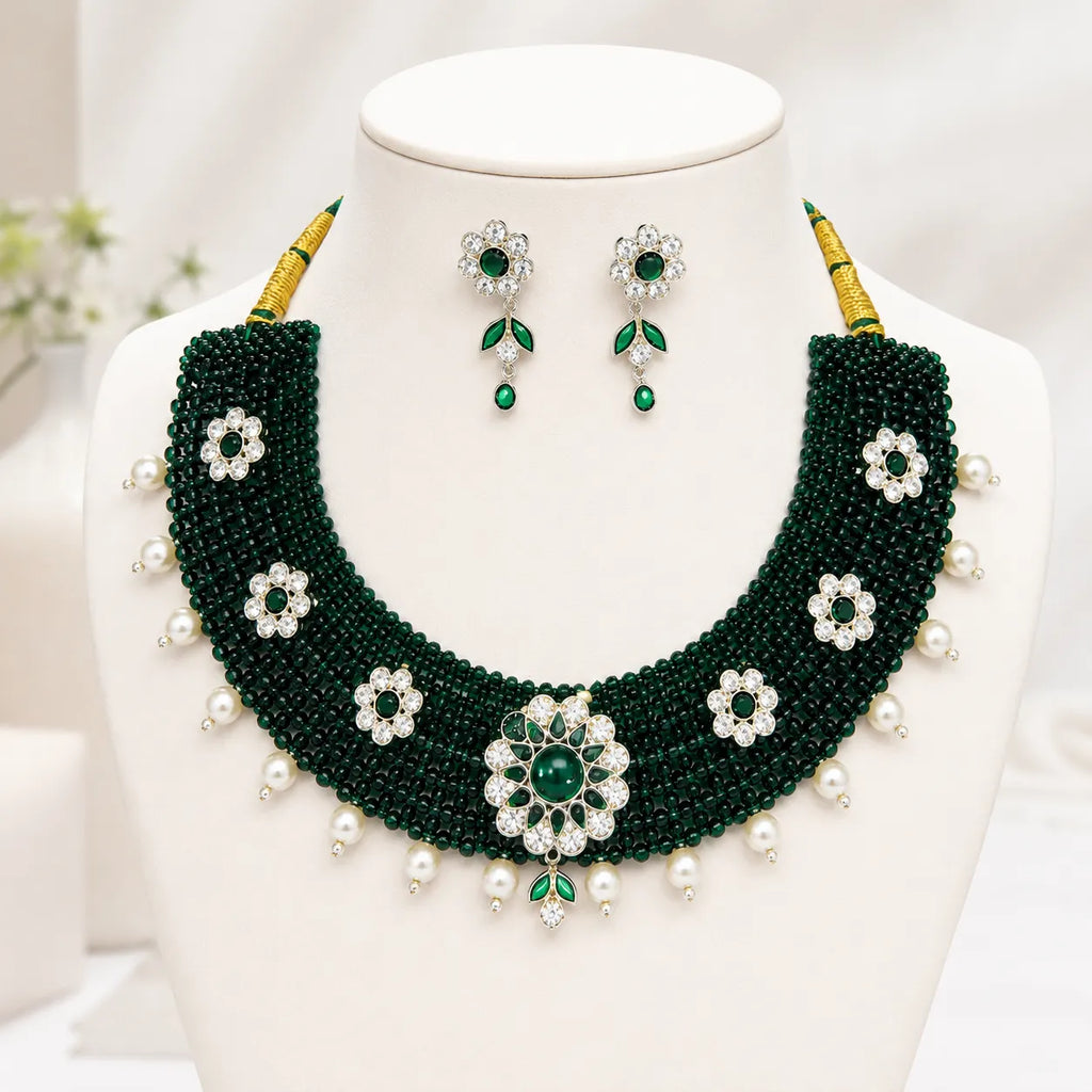 Marvel Silver green beaded choker necklace set with earrings and pearl drops for women
