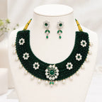 Marvel Silver green beaded choker necklace set with earrings and pearl drops for women