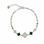 Marvel Silver 925 sterling silver bracelet featuring sparkling CZ clover charms, emerald-green square stones, and an adjustable chain, designed for women and girls, perfect for daily wear, office, parties, weddings, festive occasions, and gifting.