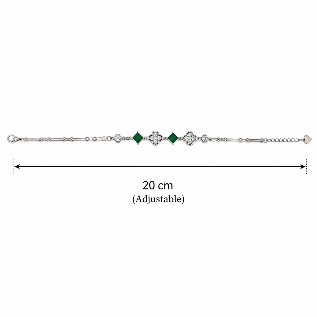 Marvel Silver 925 sterling silver bracelet featuring sparkling CZ clover charms, emerald-green square stones, and an adjustable chain, designed for women and girls, perfect for daily wear, office, parties, weddings, festive occasions, and gifting.