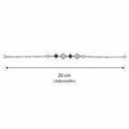 Marvel Silver 925 sterling silver bracelet featuring sparkling CZ clover charms, emerald-green square stones, and an adjustable chain, designed for women and girls, perfect for daily wear, office, parties, weddings, festive occasions, and gifting.